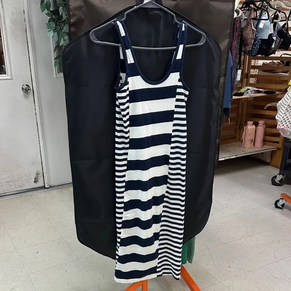 French Connection Navy and White Striped Midi Dress